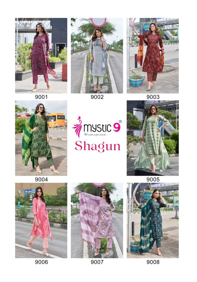 Shagun Vol 9 By Mystic 9 Rayon Capsule Foil Print Kurti With Bottom Dupatta Wholesale Price In Surat
